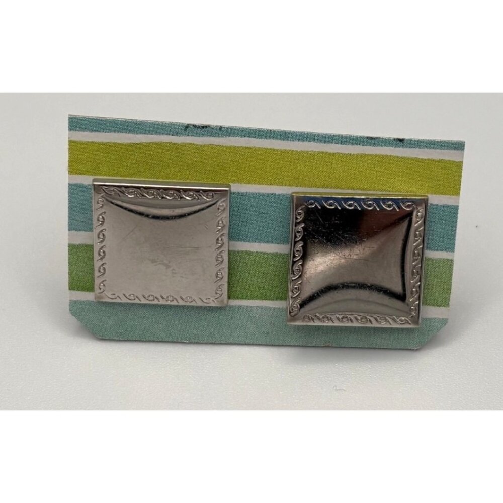 Vintage Silver-Tone Square Cufflinks With Engraved Border Design